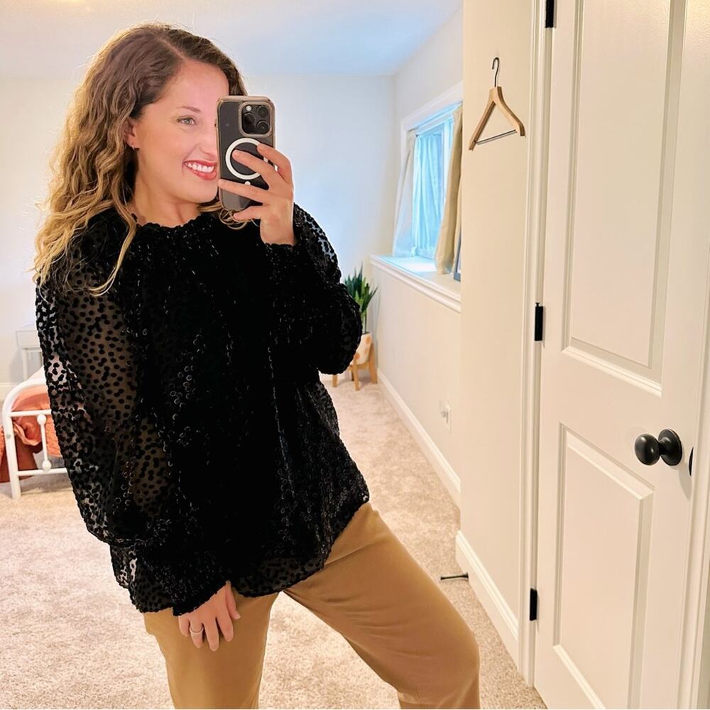 Anthropologie Shoshanna Black Brown Velvet Polka Dot Blouse Top Large